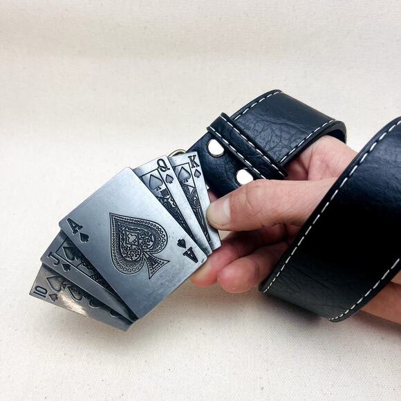 Y2k 2000s vintage chrome deck of cards black vegan leather belt - Picture 2 of 8